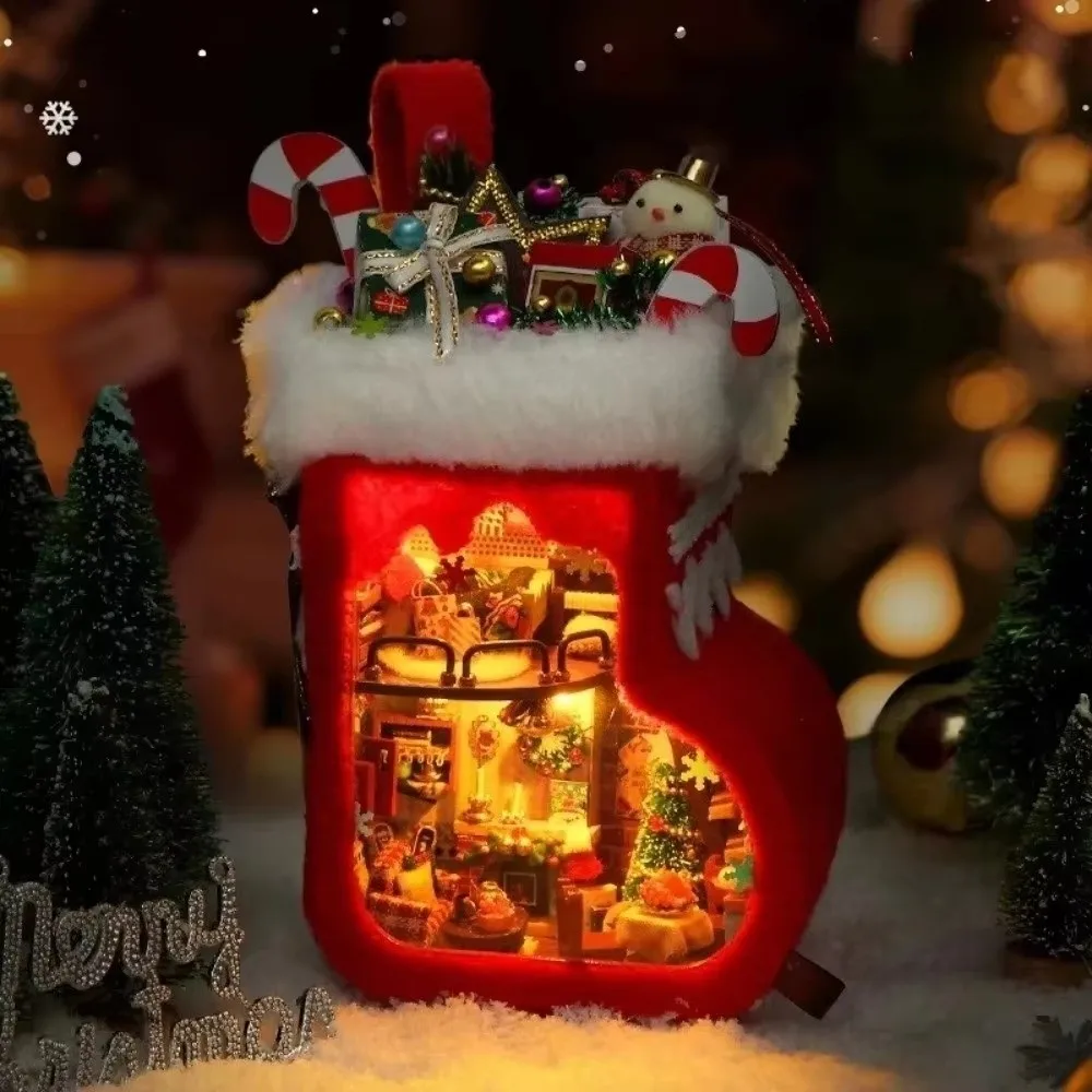 Wooden Christmas Stocking with Furniture Handmade Glowing DIY Christmas Cottage Model with LED Lights Miniature Dollhouse Kit