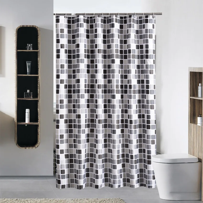 Black Mosaic Pattern Shower Curtain Geometric Waterproof Bathroom Bathtub Bathing Cover Bath Curtains with 12 Hooks 180x180cm