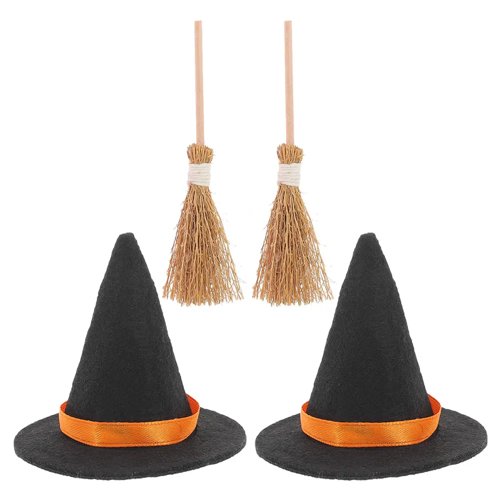 

2 Sets Props Witch Hat Small Broom Black Felt Halloween Wood Decorations Miniatures for