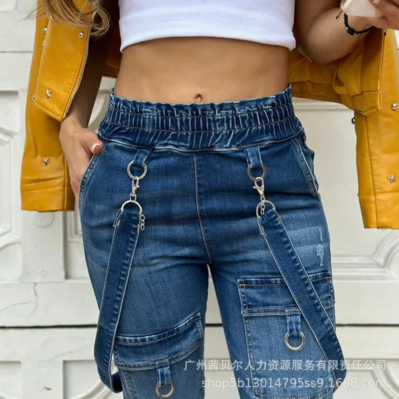 

Shoulder Strap Jeans O-Ring Decor Pocket Design Trend Casual Streetwear Jeans Women Mid Elastic Pocket Denim Suspender Jumpsuit