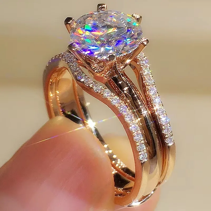 Classic 6 Claws Designed Unique Rose Gold Color Rings for Women Cubic Zirconia Rings Wedding Engagement Bands Hot Jewelry