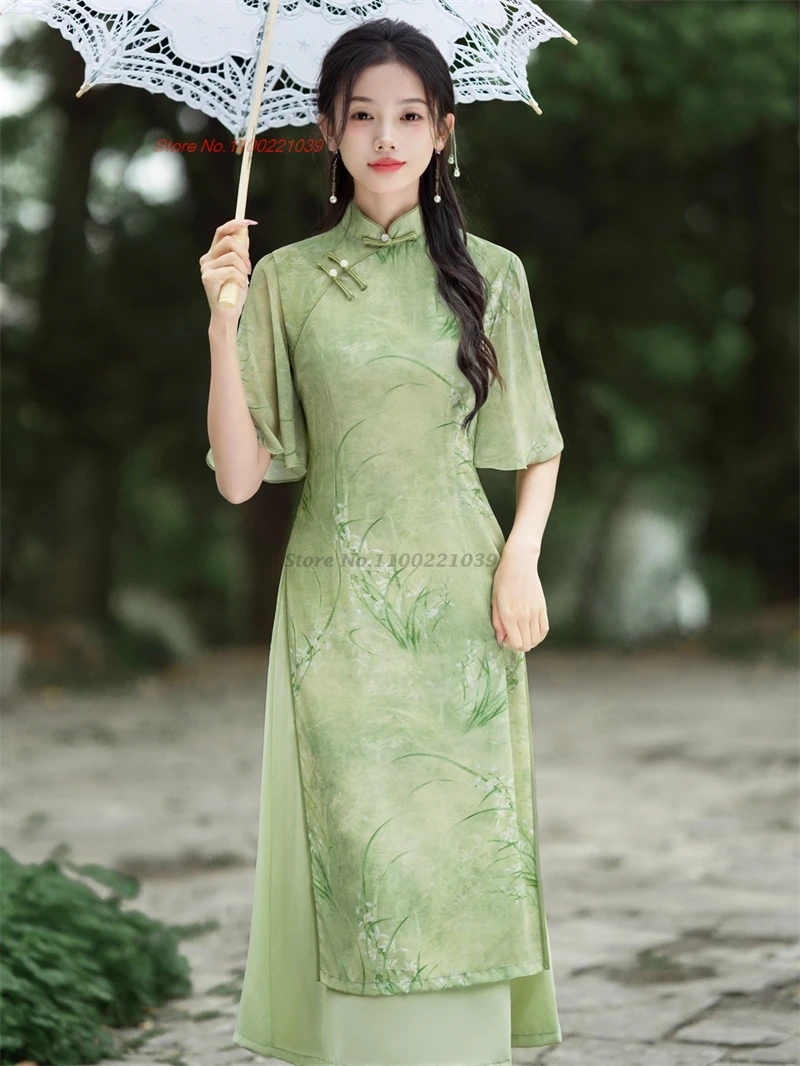 

2024 vietnam traditional dress aodai chinese improved qipao national flower print cheongsam oriental folk fairy dress qipao