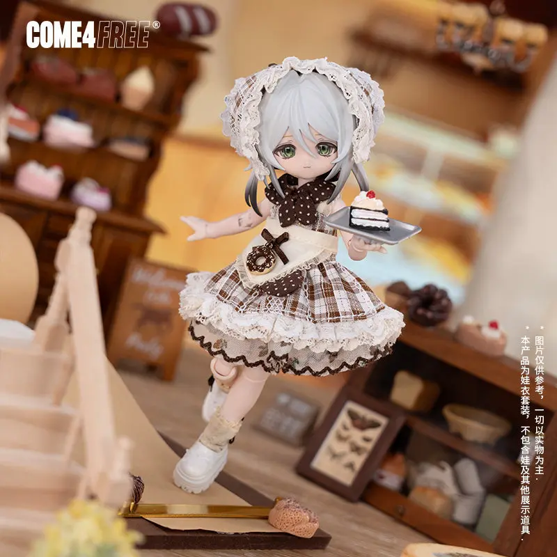 Come4free Conjunto de Ropa para Muñecas BJD de 12 Pulgadas, Estilo Mousse Cocoa, Vestido de Encaje a Cuadros, Bufanda de Lunares, Delantal y Gorro para Muñecas BJD