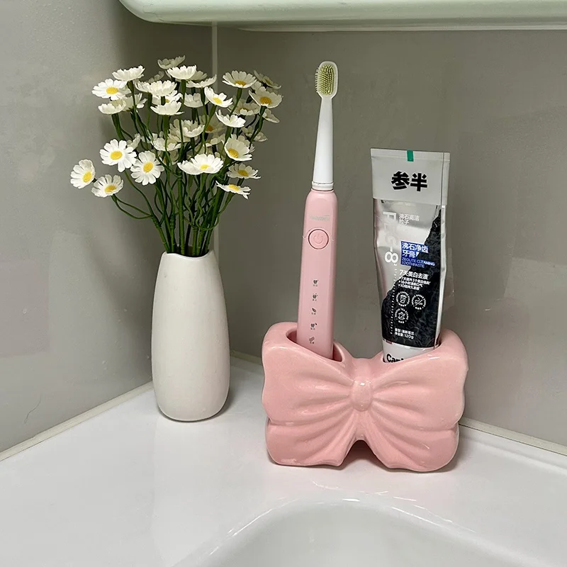 حامل سيراميك بعقدة على شكل فيونكة، حامل فرشاة الأسنان الكهربائية، رف معجون الأسنان لحوض غسيل الحمام، حامل تخزين #5