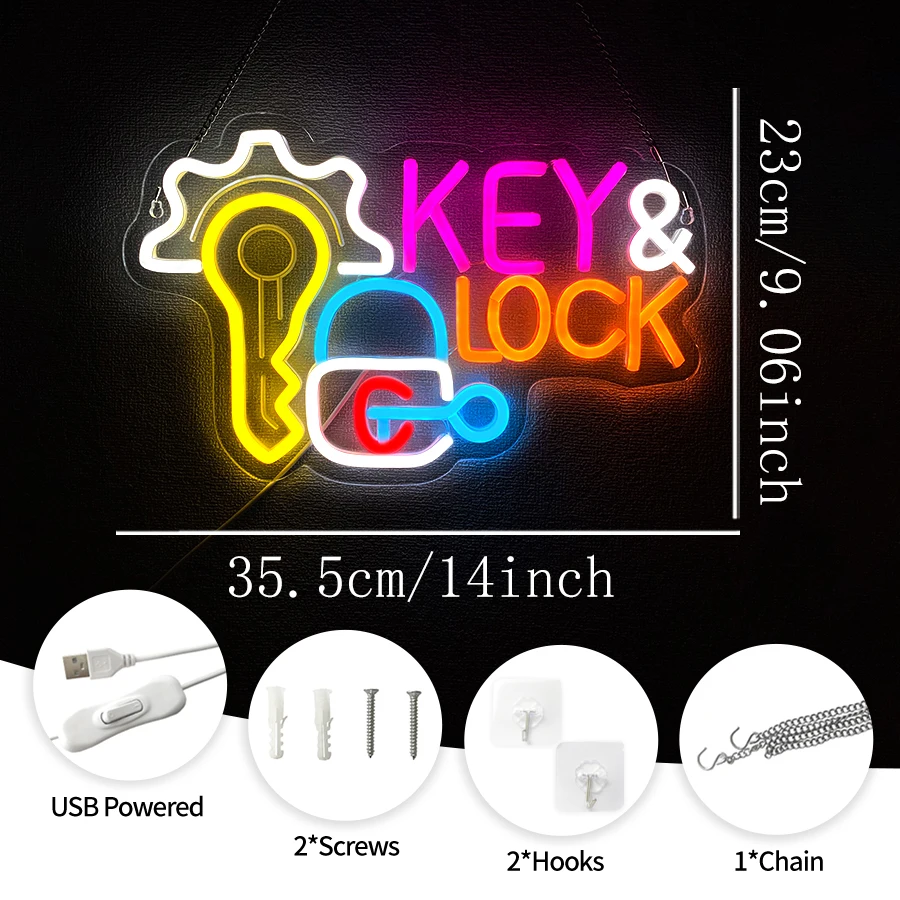 مفتاح وقفل علامة النيون لديكور الحائط، USB LED ضوء النيون للأعمال قفال متجر الأمن متجر تصفية السيارات تأجير المنزل