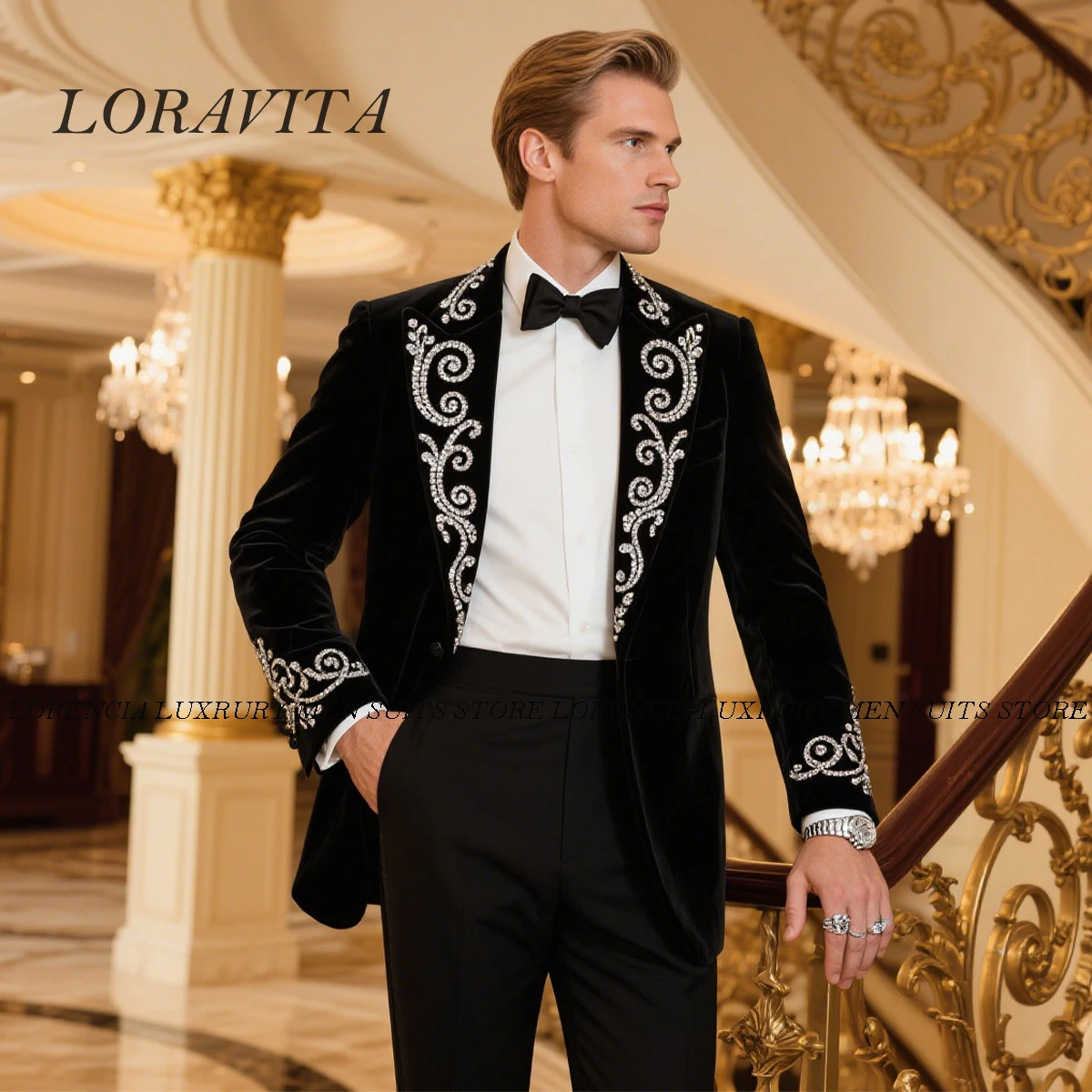 

Customized Formal Beaded Crystals Tuxedos Men Suits 2 Pieces Sets Wedding Groom High End Costume Homme Male Party Prom Blazers