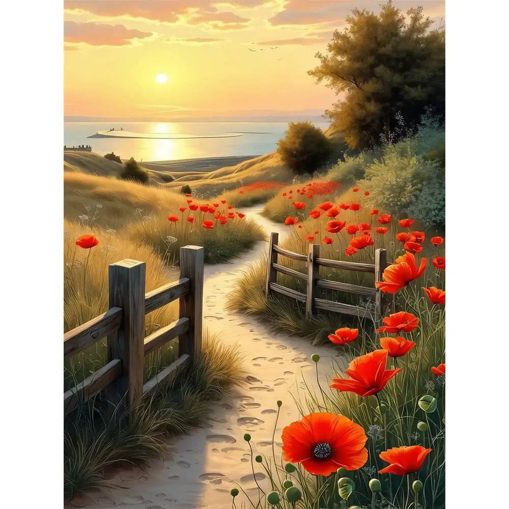 Momoart Diamond Painting Street Landscape Cross Stitch Kits Art Sunset Diamond Mosaic Poppy Flower DIY Home Decor