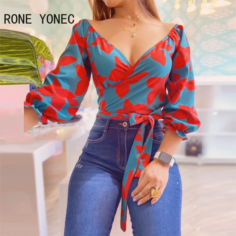 Women Elegant Deep V Neck Floral Three Quarter Lantern Sleeves Sexy Women Blouse Tops