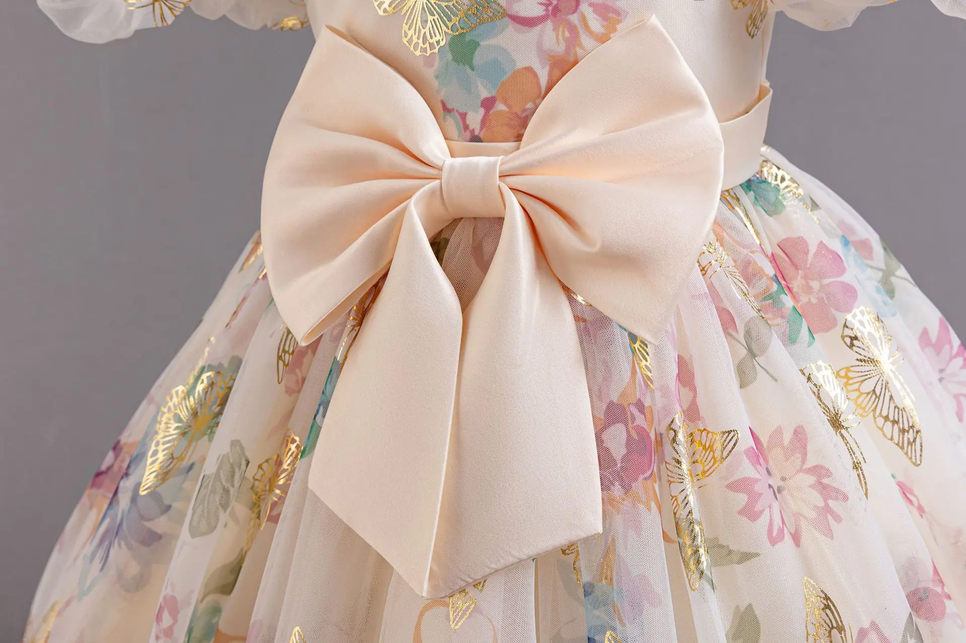 Hetiso Abiti da ragazza con farfalla dorata Abito intero in chiffon floreale per bambina Abito da festa di compleanno Vetro per bambini 1-6 anni