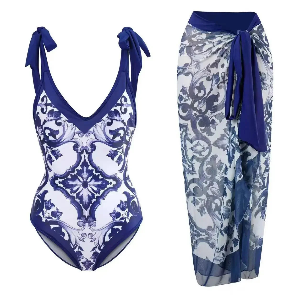 Maillot de bain et jupe une pièce pour femme, vêtements de plage de vacances bleus, maillots de bain vintage, maillot de bain femme rétro, vêtements de surf trempés, été