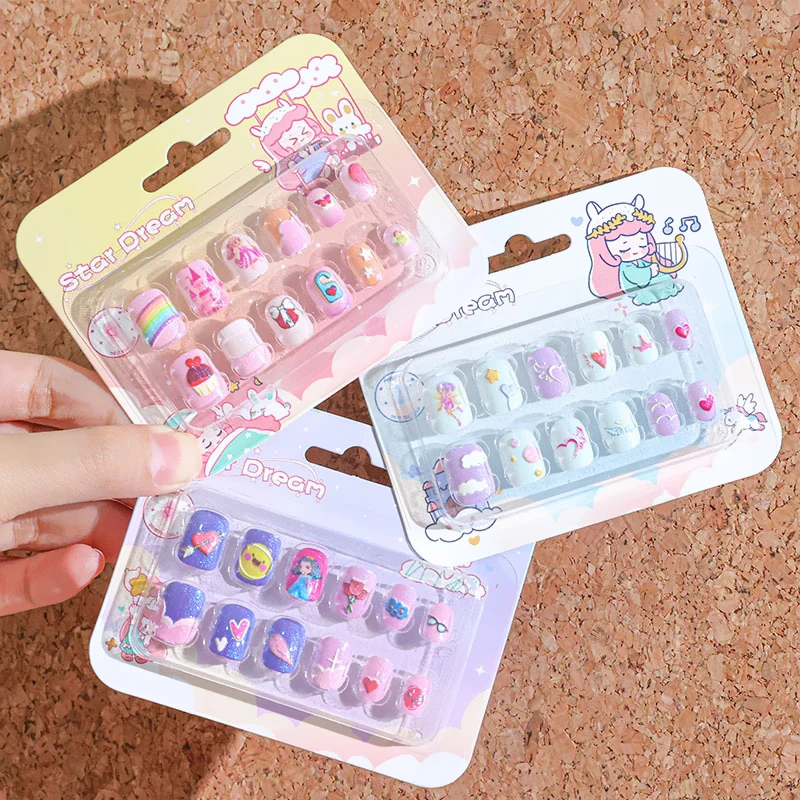 12Pcs Cartoon Children Fake Nails Safe Non-Toxic Shiny Pink Short False Nails Cute Self-adhesive False Nail Toy for Girls Gift