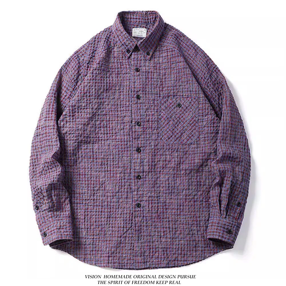 

Retro Japanese Streetwear Plaid Long Sleeve Men's Casual Loose Fit Spring Autumn Bubble Pattern Versatile Shirt Cotton Polyes...