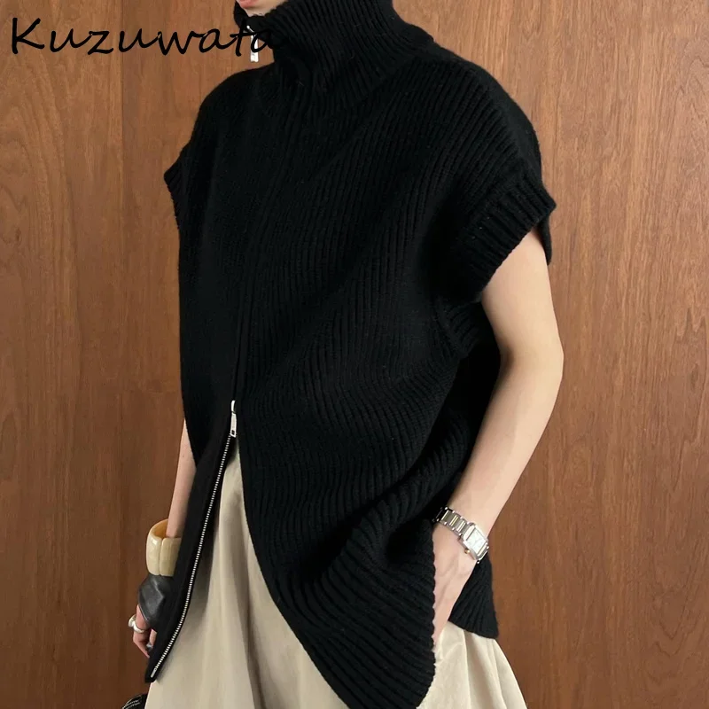 Kuzuwata Design Sense Loose Turtleneck Women Pulls Cocoon Thin Loose Chaleco Mujer Sleeveless Zipper Sweater Vest Cardigan