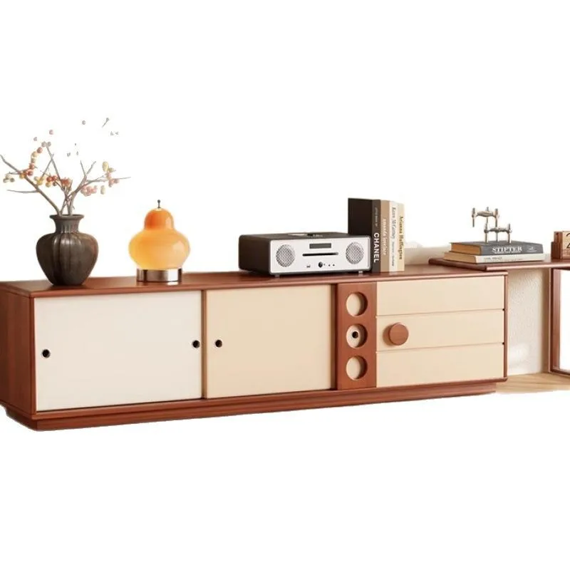 

Medieval retractable solid wood TV cabinet living room French cream wind floor locker