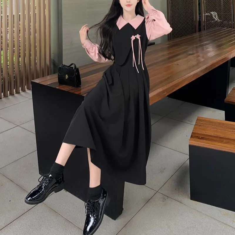 Chinese Disc Buckle Vintage Dresses Female Clothing Stylish Pleated Ruffles Spliced Spring Autumn Fake Two Pieces Midi Dress New