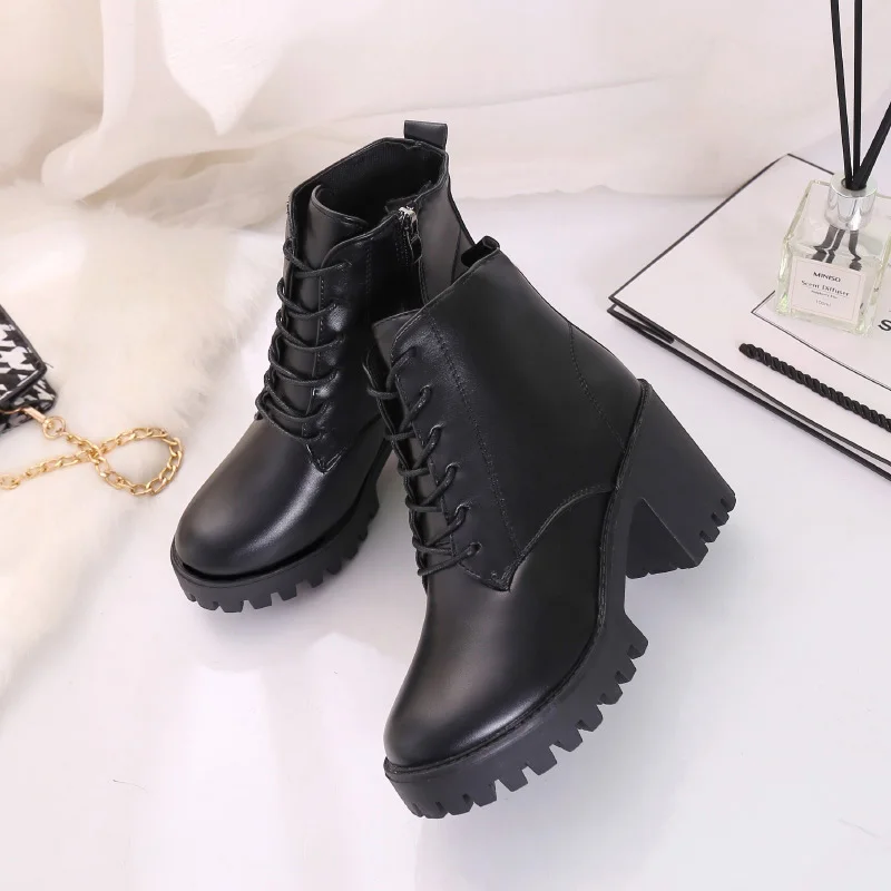 Women\'s Boots Trend 2024 Luxury Black Ankle Boot Women High Heels Lace-up Soft Leather Platform Shoes Female Party Autumn Winter