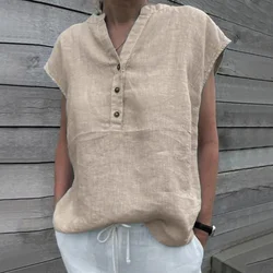 Women T-shirt Cotton Linen Summer Blouse Solid Color Simple Short Sleeve V Neck Quick Dry Daily Clothes Ropa Mujer Blusas