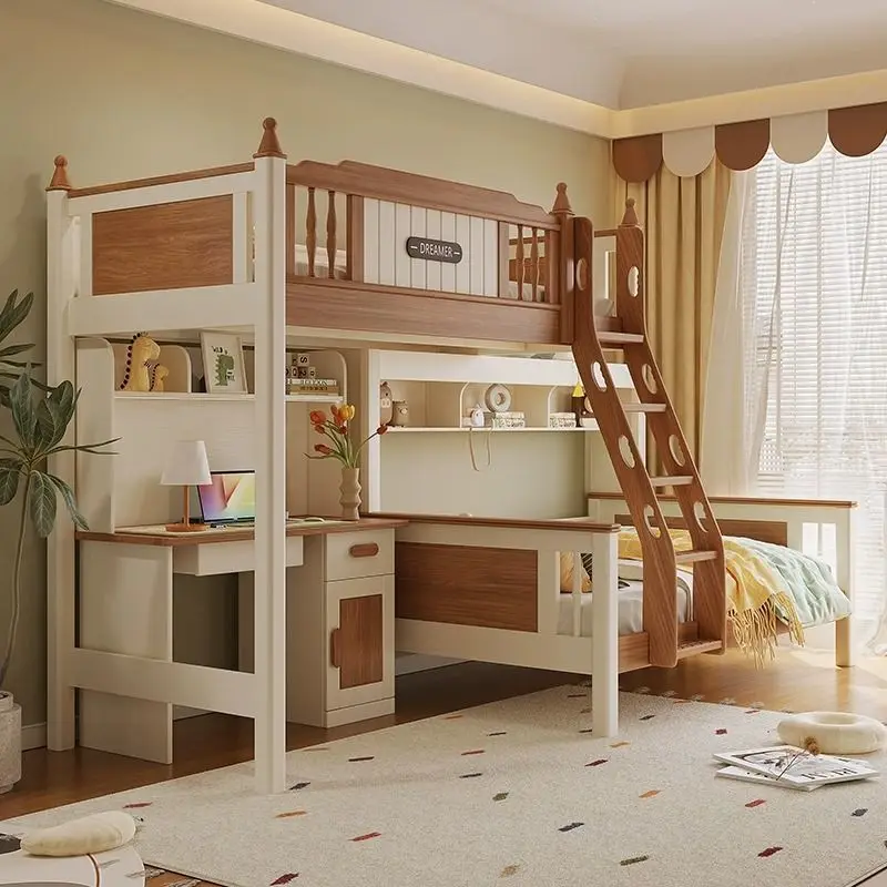 Double-layer split-level small apartment S-type desk wardrobe integrated high and low child and mother bed