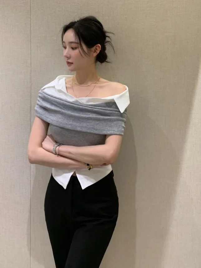 

Ele Chic oulder Bared Top Women's Summer Slim Fit Design Sense irt Patchwork ort Sve Trendy Sweet Sle Knitted ...