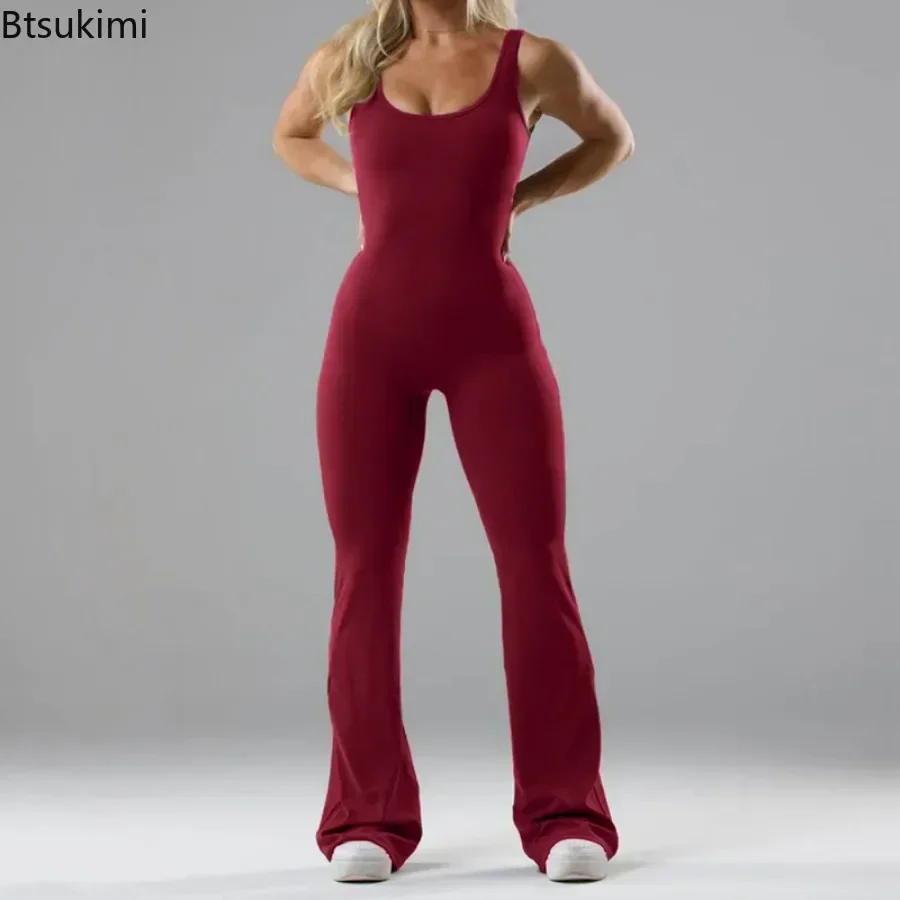 Jumpsuit Punggung Cantik Berongga Mode 2025 untuk Wanita Celana Flare Ramping Romper Tanpa Lengan Bodysuit Yoga Kebugaran Lari Wanita