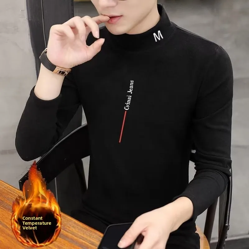 

Мужская термофутболка Thiened Fce Long Sve, двусторонняя бархатная футболка с высоким воротником, осенне-зимняя молодежная модная база...