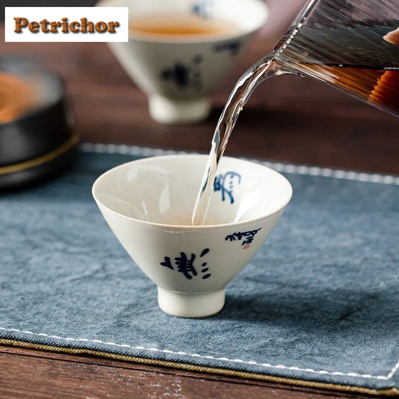 2 قطعة/الوحدة مكتوبة بخط اليد الأزرق والأبيض الخيزران قبعة فنجان الشاي خمر وعاء إبريق الشاي تذوق رائحة كوب Jianzhan ماستر أكواب تشا 70 مللي #4