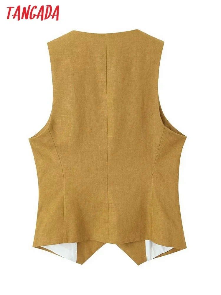 Tangada 2024 Women Khaki Cotton Linen Waistcoat Vintage V Neck Sleeveless Female Outerwear JE405