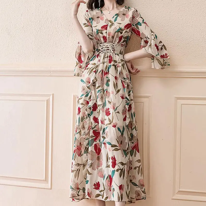 Long Drawstring A-Line Waist Dress Female Clothing French Style Broken Flowers 2024 Summer Elegant V-Neck Half Sleeve Dresses