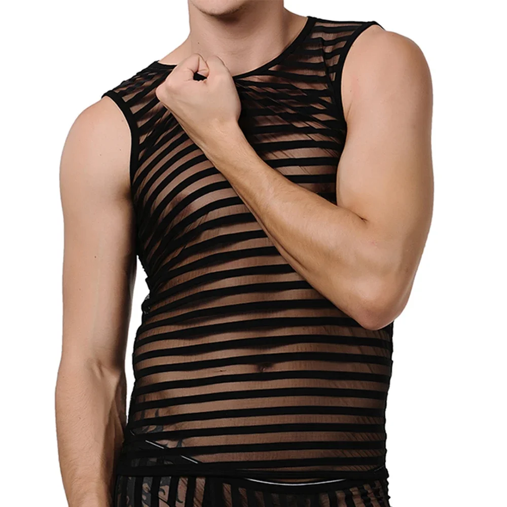 

Striped Transparent Tank Top Black Sexy Mesh Tops Men Clothing Gym Quick Dry Vests Fashion Casual Summer Sleeveless Solid Top