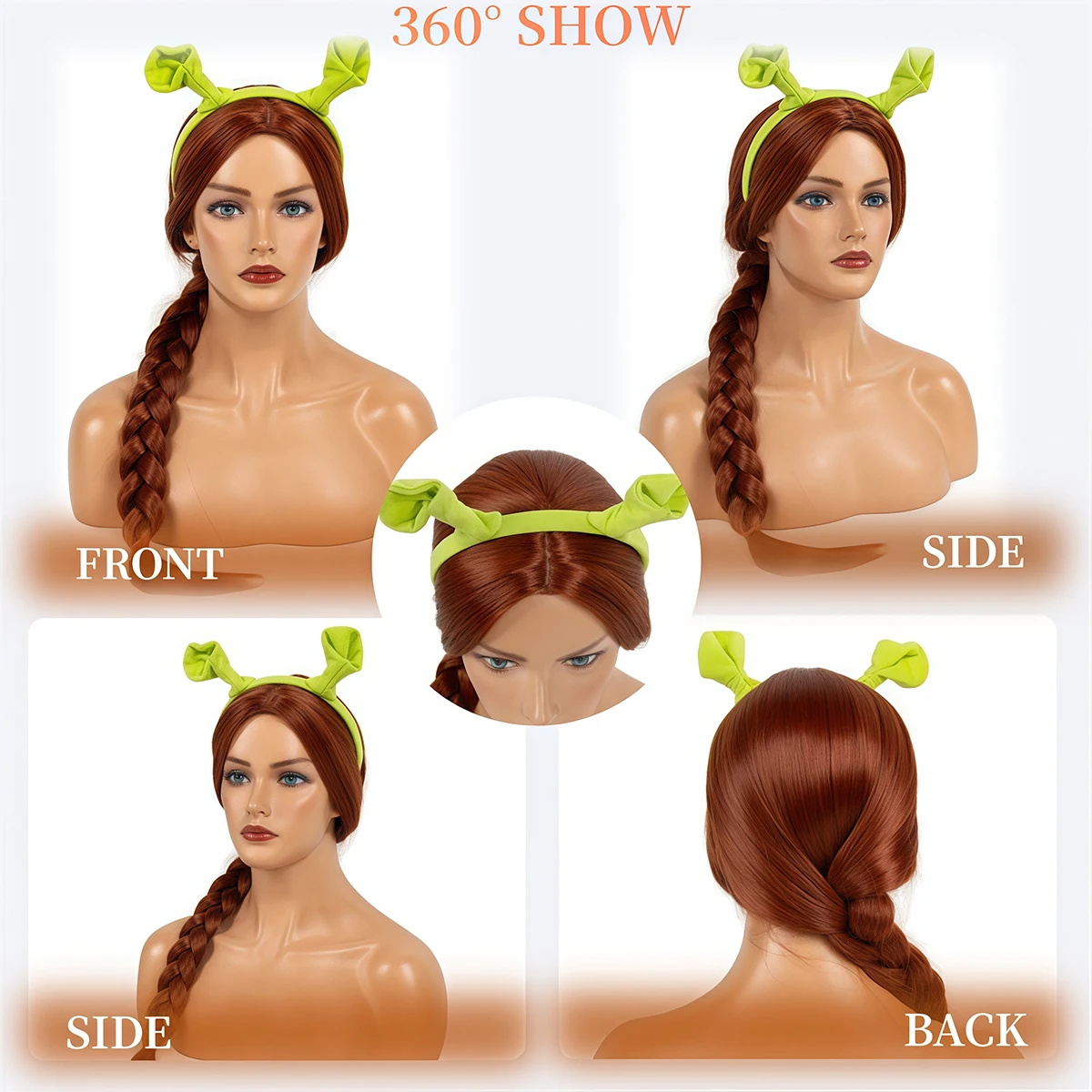 Auburn Long Braid Synthetic Wig with Green Monster Ear Headband for Halloween, Cosplay and Costume Parties