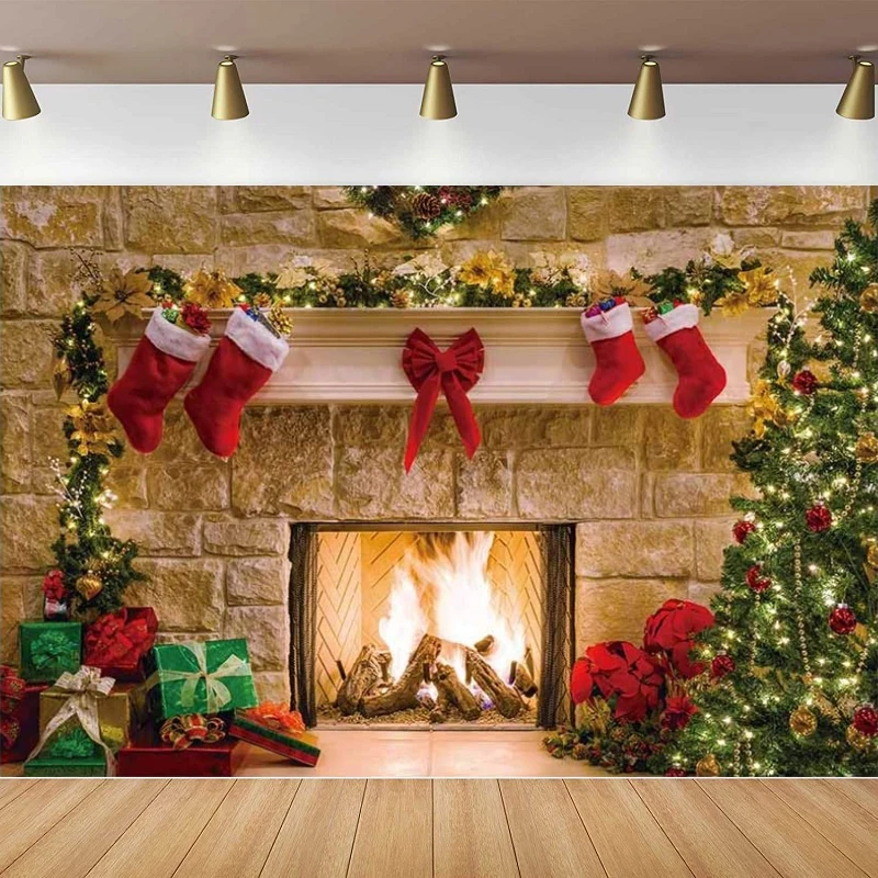 Christmas Fireplace Photography Backdrop Interior Vintage Xmas Tree Stockings Background Portrait Photobooth Party Banner Decor