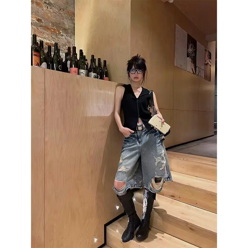 Hot Girl Retro Lavagem Rasgado Shorts Jeans para Mulheres Cintura Alta Solta Personalidade Perna Larga Calças Médias de Cinco Pontos