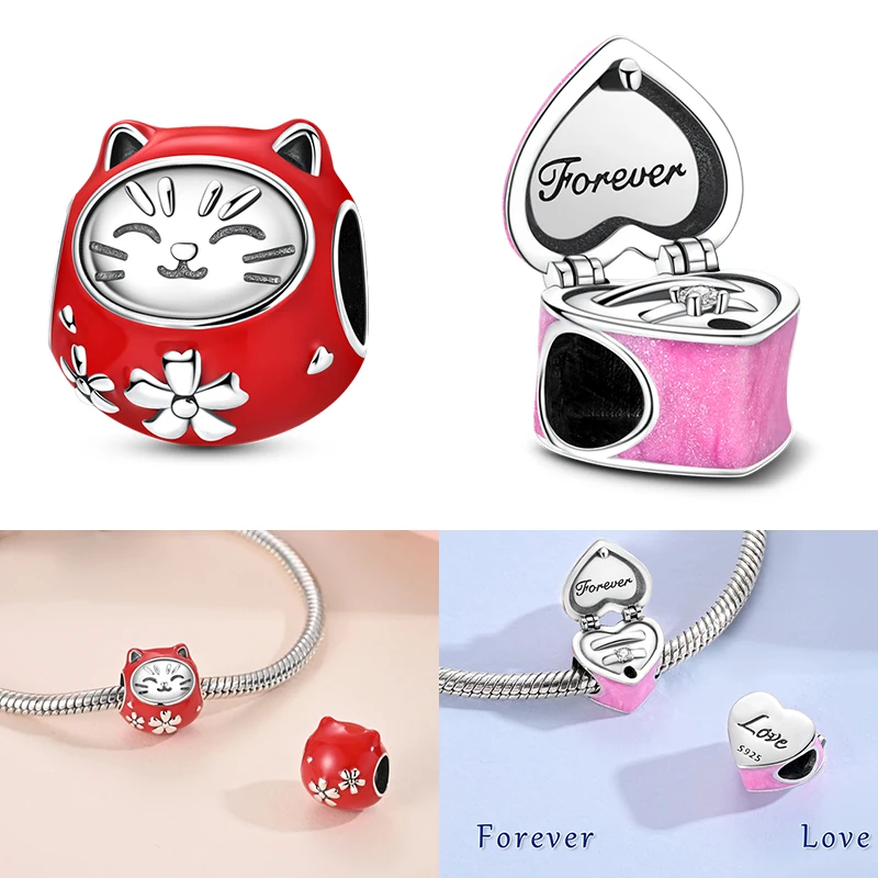 

925 Sterling Silver New Year's Red Lucky Cat Charms Bead Tumbler Cat Dangle Fit Original Bracelet DIY Women Jewelry Gift