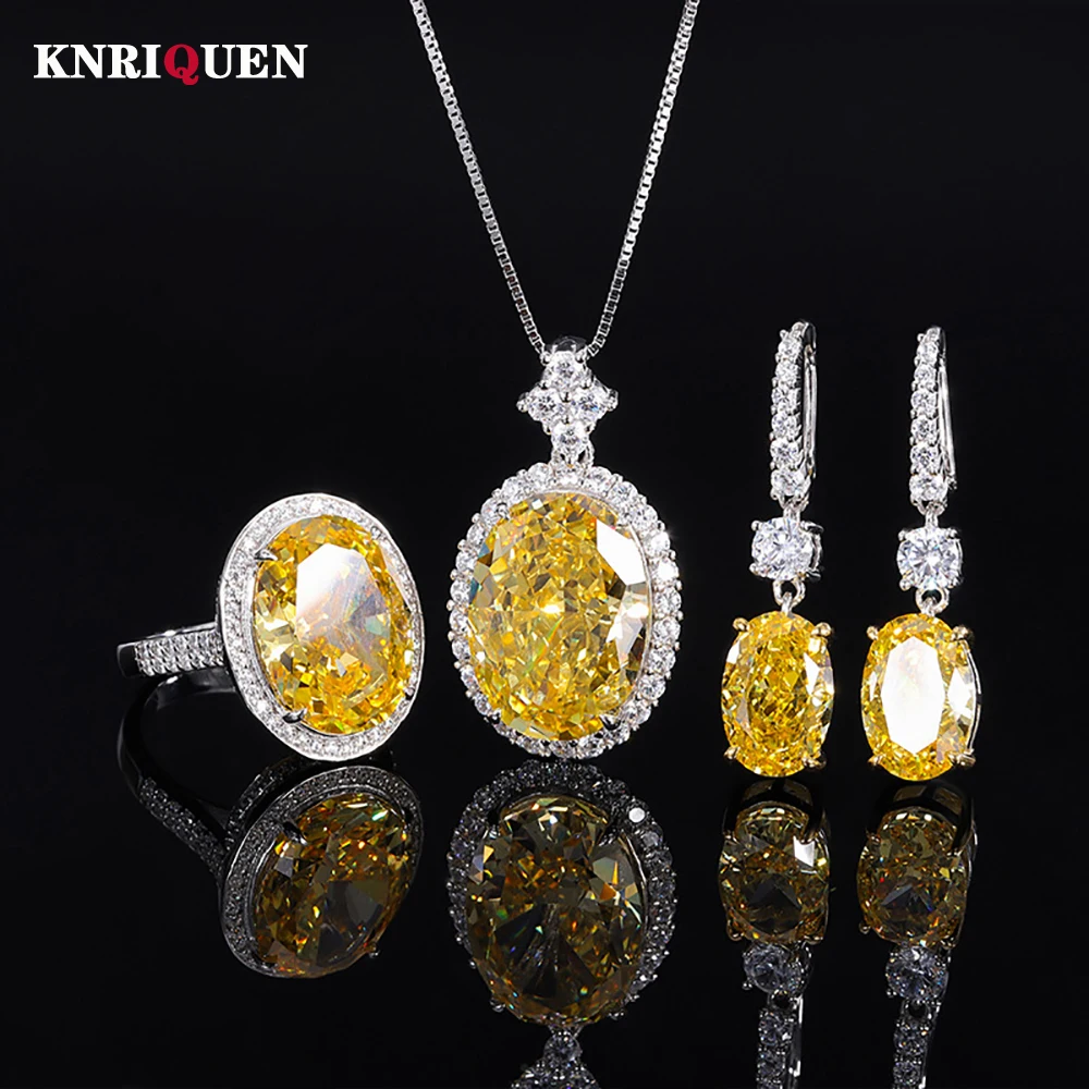 

Luxury 100% 925 Real Silver Topaz Tourmaline Lab Diamond Rings Pendant Necklace Earrings Wedding Fine Jewelry Set Gift for Women