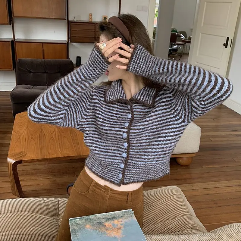 Women Color Contrast Stripes Lapel Casual Knitwear Fashion Spring Autumn Short Cardigan Coat Button Long Sleeve Female Chic Coat