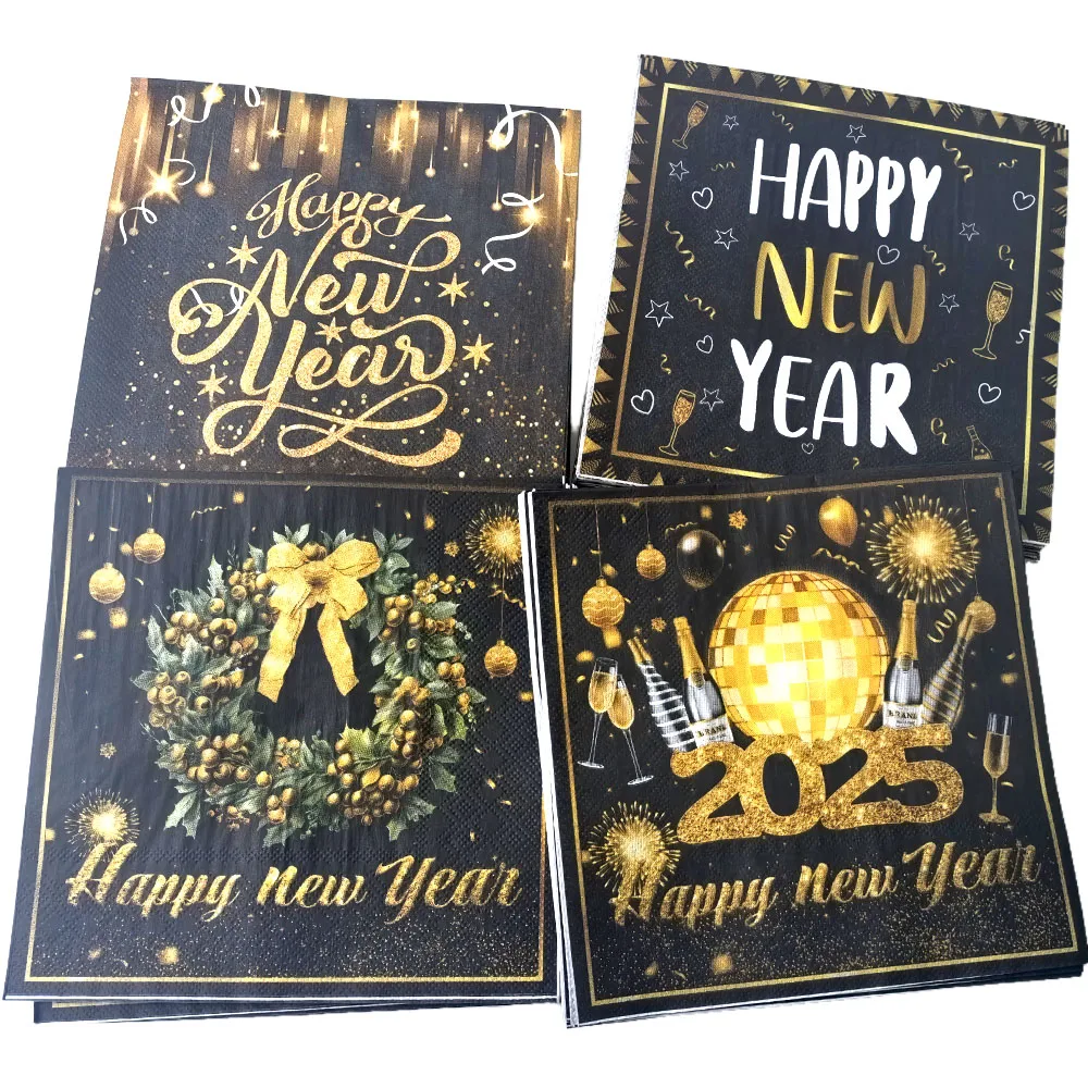 20/80/160pcs New Year Theme Disposable Paper Napkins Black Golden Happy New Year 2025 Party Decoration Supplies