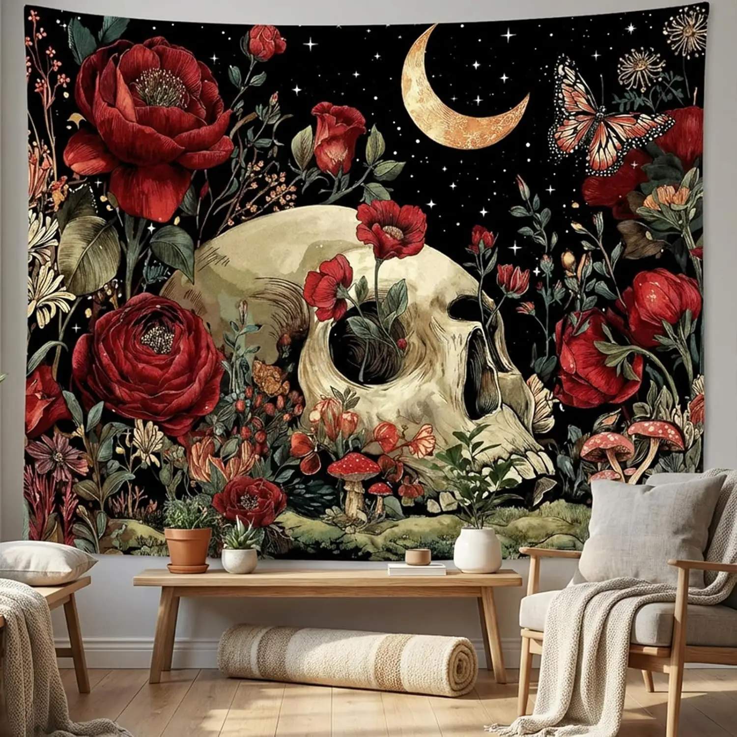 Vintage Gothic Tapestry, Skull with Blooming Red Roses, Moon and Starry Night Wall Art for Dark Academia and Witchy Room Decor