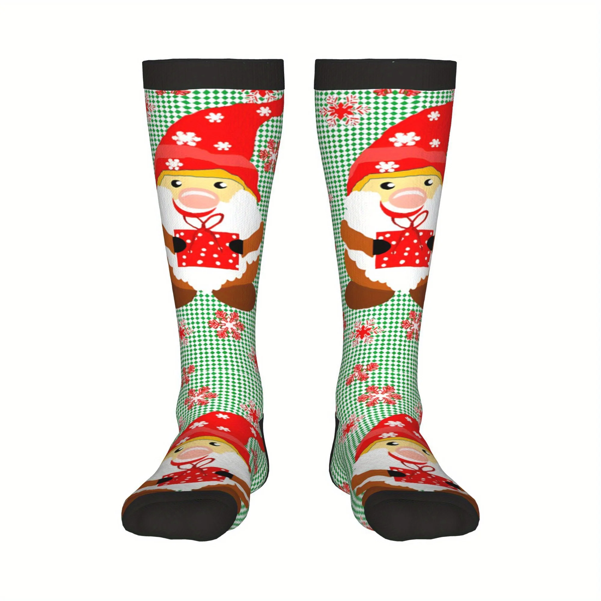 Funky Gnome Christmas Plaid Compression Socks, Seamless Novelty Crew Design with Vibrant Prints, for Christmas Autumn Winter