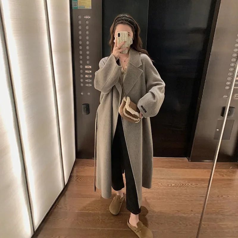 

Double-Sided Woolen Suitcoat Medium-Length Loose Fit Autumn Winter Women's Fashion Pure Color Coat Comfortable Casual Outerwear