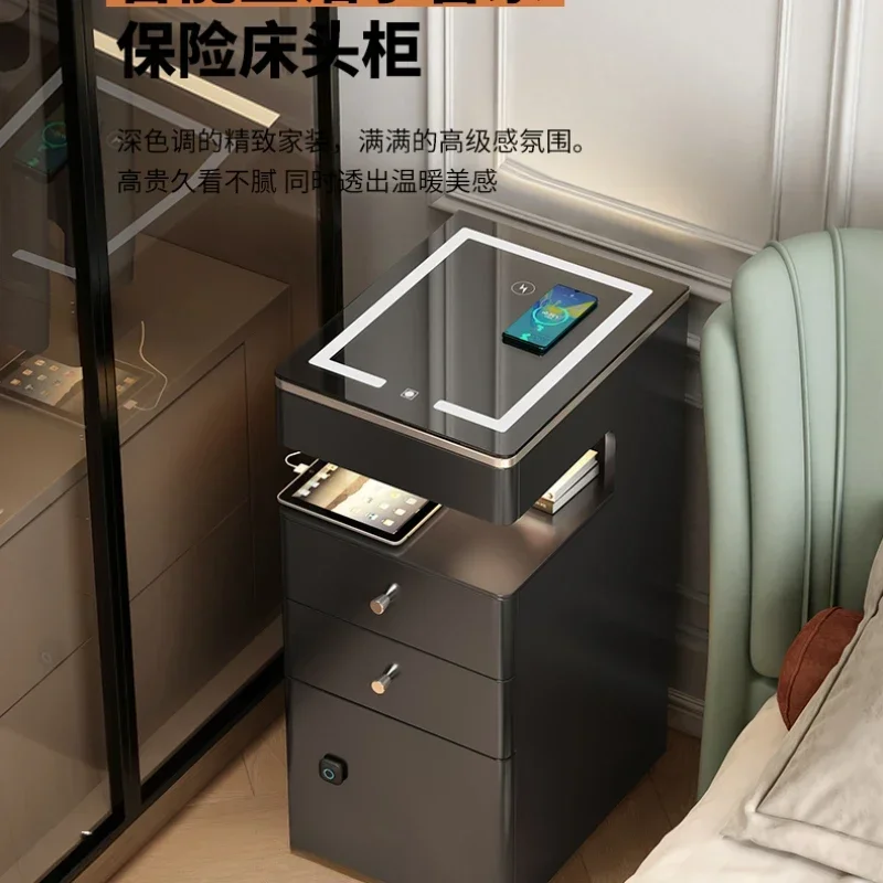 Black Smart Bedside Table Safe Deposit Box Integrated Tempered Glass with Light Wireless Charging Bedroom