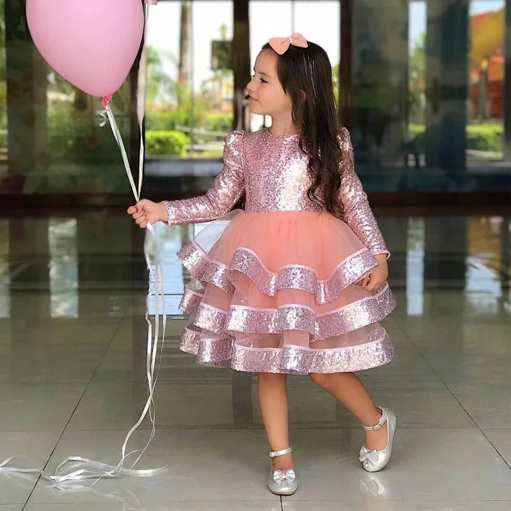 Special Occasion Princess Wedding Ceremony Girl Dress Pink Sequins Frock Elegant Party Girl Dresses 2022 First Communion Dress