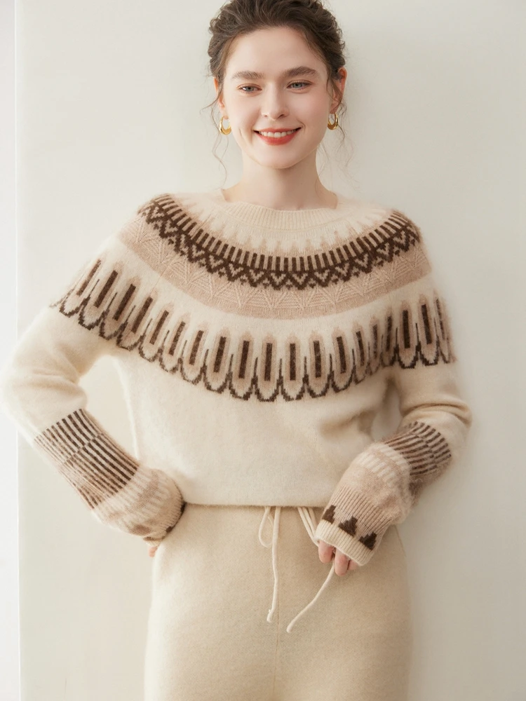 

Yoyoselect 100% Cashmere Women's O Neck Pullover Fair Isle Sweaters Autumn Winter Soft Chic Warm Jumper Tops Clothing