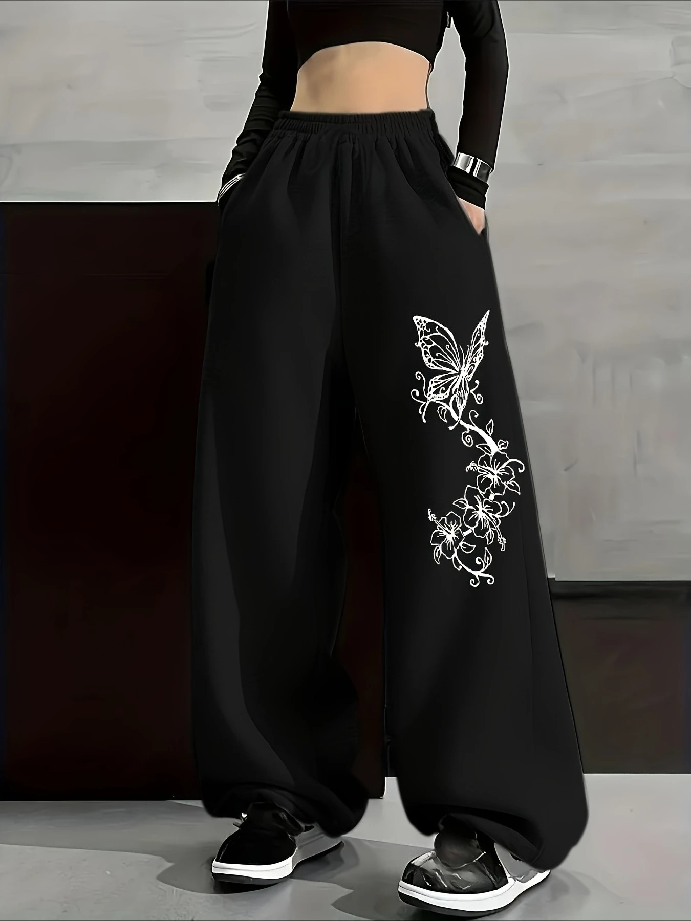 

Harajuku Style Butterfly 3D Aesthetic Pants, Unisex Oversized Casual Sports Pants, Elastic Waisted Street Pants Gothic Loose Fit