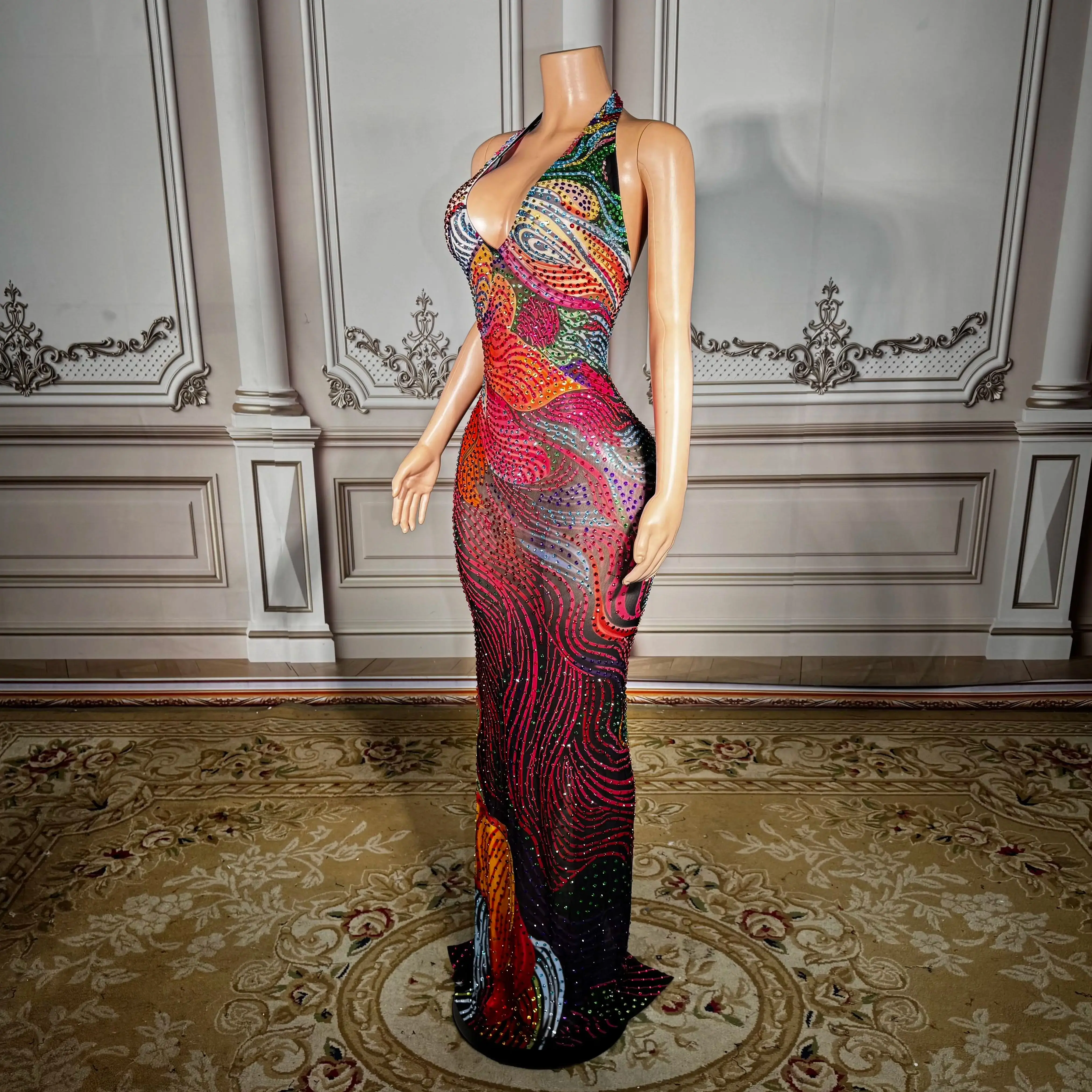 ZD ZD Plus Size Sexy Sheer Mesh Dress with Low Back & Colorful Rhinestones - Glamorous Nightclub & Party Gown for Women