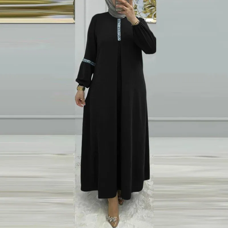 Elegante robe muçulmano cor sólida manga comprida vestido de lantejoulas elegante manga bolha vestidos longos dubai