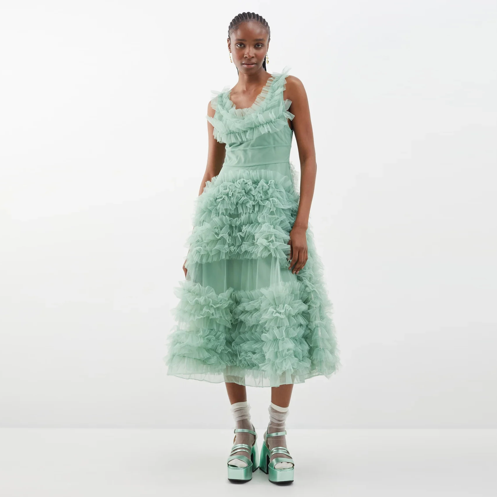 New Arrival Light Green Mid Calf Tulle Women Dresses High Street A-line Ruffles Tutu Tulle Female Maxi Dress V- neck Sleeveless