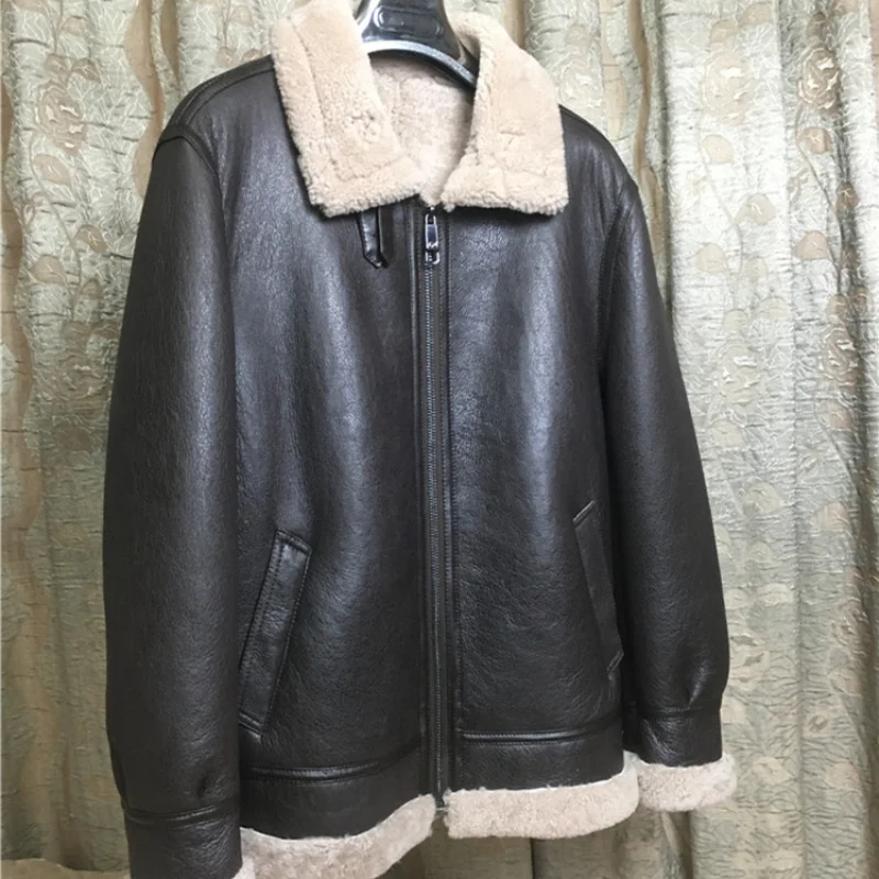 Sheepskin Sherling Winter Mens B3 Flight Jacket Real Fur Leather Coat Brown Genuine Jackets for Men 5XL