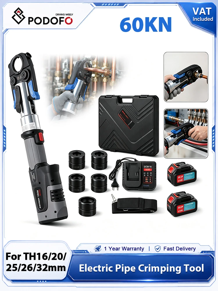 Podofo Kabelloses Elektrisches Hydraulisches Crimpwerkzeug-Set 18V Akku-Crimpzange mit 2 Akkus Schnellladegerät TH16/20/25/26/32mm Austauschbare Pressbacken für Kupferrohre PEX-Rohre HVAC Sanitär- und
