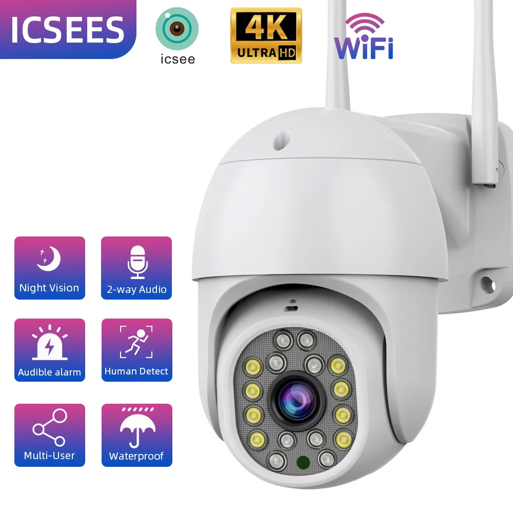ICSEES PTZ Camera Outdoor Wifi Camera AI Human Detection 8MP Surveillance Security Protection Two Way Audio 5X Digital Zoom