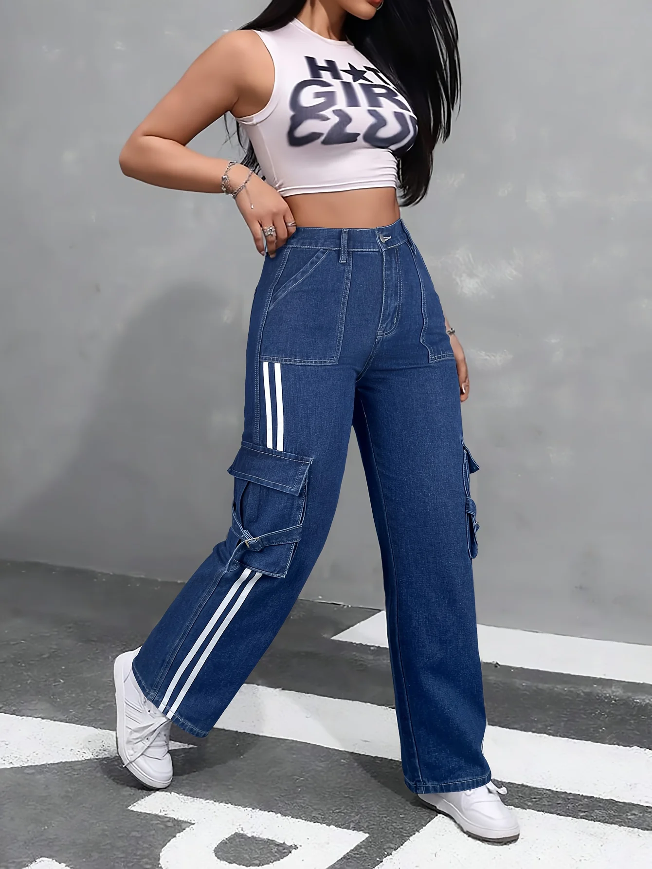 심플한 스트라이프 배색 스티치 스트레이트 진 여성용 하이웨이스트 플랩 포켓 백 엘라스틱 웨이스트 리본 바지